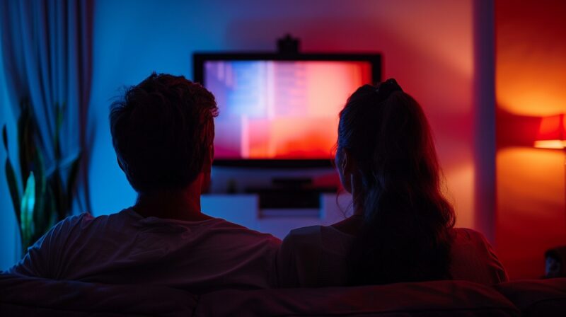 Man and woman watching a TV streaming service, tv show or a movie, sitting on a couch next to each other